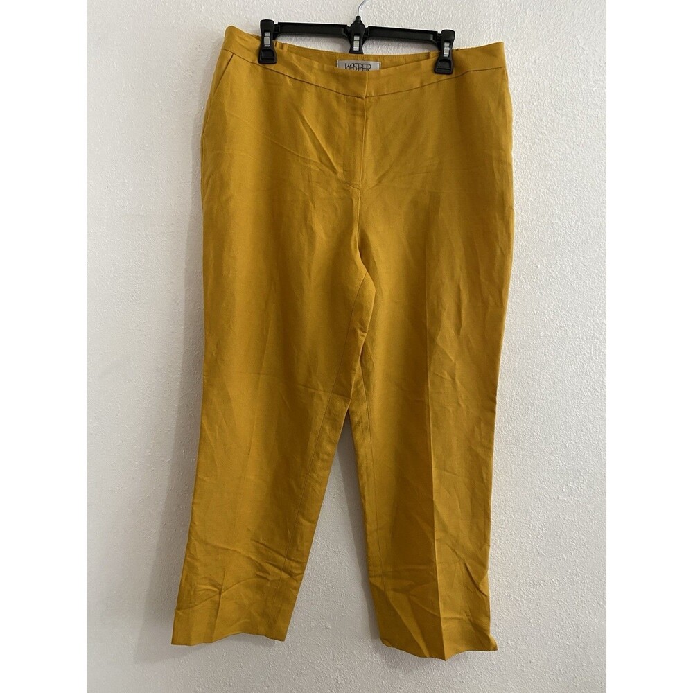 Kasper Women Mustard Yellow Linen Cropped Pants 12 Quiet Luxury Old Money J21